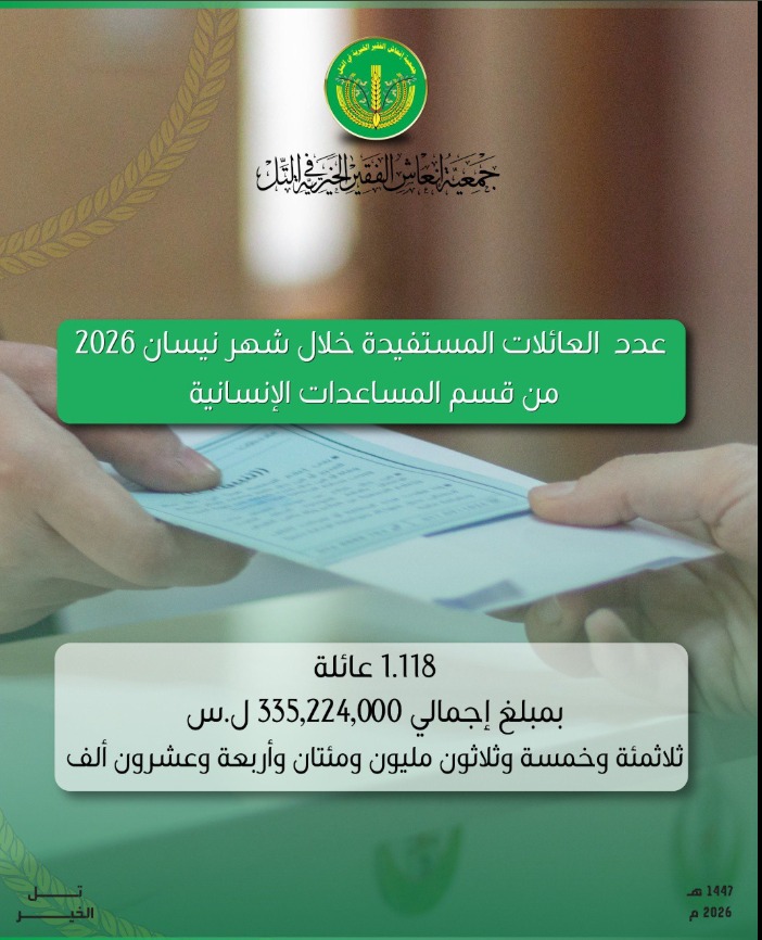 انتهاء توزيع المساعدات المالية والعينية للعائلات المدرجة عن شهر نيسان 2026